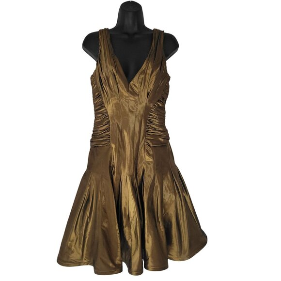 Tadashi Collection Metallic Olive Green Gold Taffeta Silk Fit & Flare US 6 - Picture 2 of 12